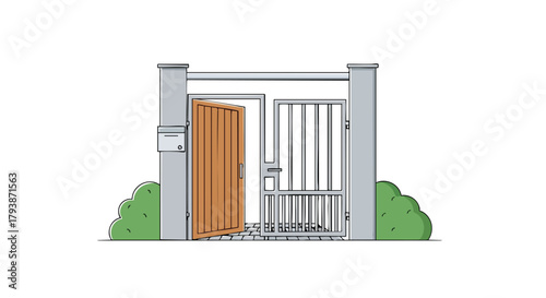 Artistic rendition of an open gate, inviting entrance with architectural pillars and greenery, creating an aesthetic appeal showcasing simple design