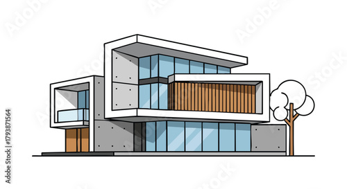 Stylized architectural rendition of a modern home with clean geometric lines and minimalist design elements, exuding sophisticated simplicity