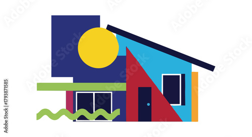 Vibrant geometrical home depiction showcasing contemporary architectural expression capturing a playful design approach and imaginative visual