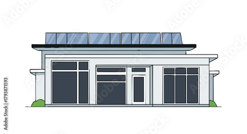 Illustration of a modern, single-story house with a flat roof and large windows showcasing contemporary architectural design emphasizing simplicity