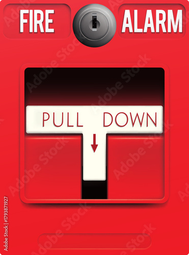 Manual pull down fire alarm. Fire alarm pull station. Red manual call point for fire alarm vector. Red manual call point isolated on white background. Red Fire Alarm Pull Station.. 