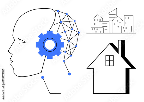 Profile of human head integrated with gear and neural connections, urban skyline and house sketch. Ideal for AI, technology, innovation, urban planning, smart homes, automation future. Simple flat