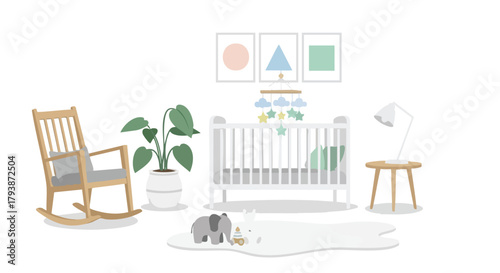 Serene Nursery Illustration Featuring Minimalist Decor, Soft Colors, and a Calming Rocking Chair for Babies