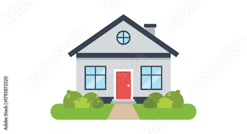 Simplified Illustration of a Cozy House with Red Door and Neat Green Bushes Surrounding its Base