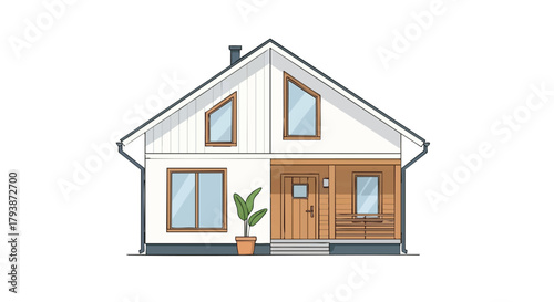 Detailed architectural elevation drawing of a modern house with a gable roof and unique window designs displaying residential design characteristics