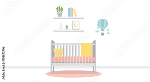Minimalist nursery room interior with baby cot and shelves adorned with charming decorations creating a serene and inviting atmosphere ideal for
