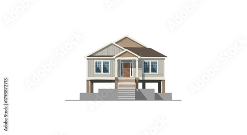 Stylized coastal home illustration on stilts representing resilience and architectural design showing elevated living concept