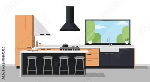 Contemporary kitchen with central island, black exhaust, window view, and seating arrangement creating an inviting culinary space