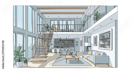 Interior Visualization: Sophisticated Urban Living Space with Mezzanine and Abundant Natural Light