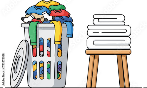 Laundry basket full of dirty clothes next to clean towels on stool