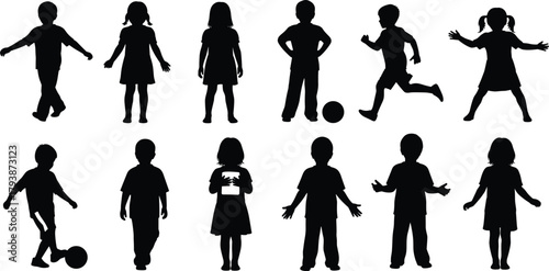 Children silhouette vector, kids playing poses, walking running standing, boy girl activity, black outline, flat cad drawing illustration