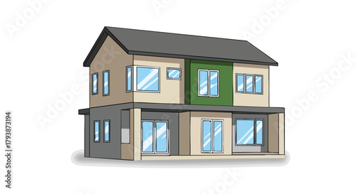 Detailed architectural rendering showcasing a modern two-story detached house design with clean lines and a minimalist aesthetic that blends form