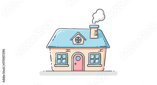 Stylized residential dwelling with chimney and smoke rising illustration perfect for architecture and design purposes with a minimalist and clean