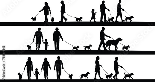 Dog walking silhouette vector, people with pets, family outdoor activity, leash pose icons, cad drawing flat vector illustration