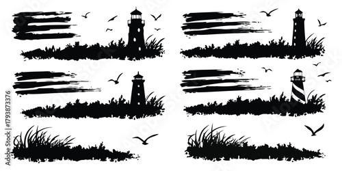 Coastal Lighthouse Silhouette Beach Grunge Vector Set with vector illustration