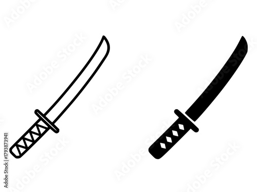 Minimalist icon, samurai sword vector, black and white, outline and silhouette