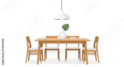 Minimalist dining room scene featuring a wooden table, chairs, and elegant lighting fixture creating a serene and inviting ambiance