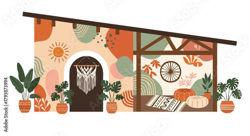 Bohemian home interior with macrame, potted plants, soft furnishings and aesthetic decorations, showcasing a vibrant and cozy living space in a