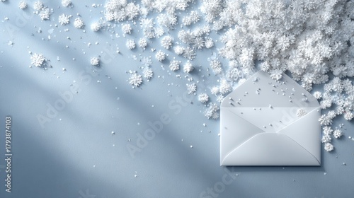 Winter Wonderland Scene with White Envelope and Snowflakes Background