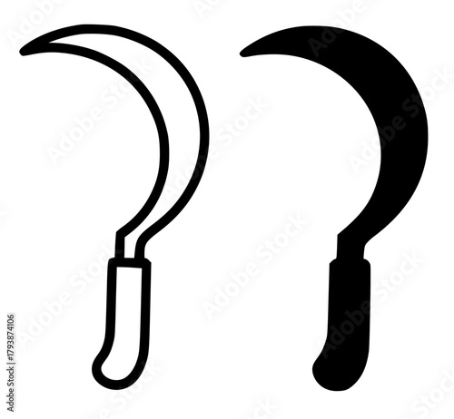 Minimalist icon, sickle vector, black and white, outline and silhouette