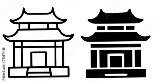 Minimalist icon, chinese monastery vector, black and white, outline and silhouette