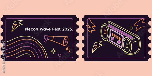 Neon Wave Fest 2025 Music Festival Retro Concert Tickets with vector illustration