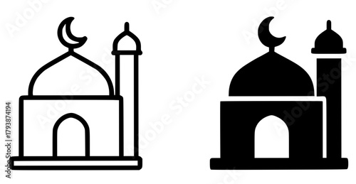 Minimalist icon, mosque vector, black and white, outline and silhouette