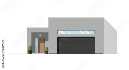 Minimalist Residence Illustration: A Modern Dwelling with Clean Lines and Gray Facade Aesthetics