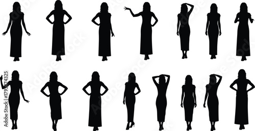 Woman silhouette vector, female standing poses, long dress figure, elegant posture, black outline, cad drawing flat vector illustration