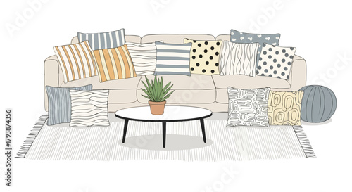 Artistic living room illustration featuring a sofa with decorative pillows and a plant on a center table
