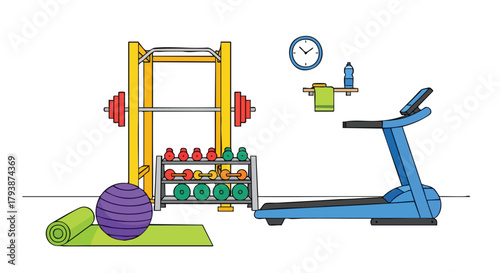 A Gym Interior Setup with Equipment Illustration and Exercise Area Promoting Fitness and Wellness for an Active Lifestyle