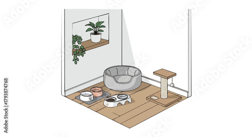 Isometric rendering of a pet's indoor corner featuring a bed, scratching post, plants and various food and water bowls with natural light exposure