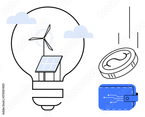Lightbulb with solar panel and wind turbine, cloud elements, coin, and digital wallet. Ideal for renewable energy, eco-finance, innovation, technology, sustainability clean power and digital
