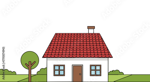 Stylized Home Illustration with Red Roof and Garden Landscape in a Clean Vector Style