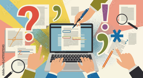 Creative editorial process illustration with laptop, hands, documents, and punctuation marks