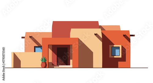 Southwestern Adobe House Illustration showcasing a unique architectural style with minimal detailing and vibrant terracotta color palette against a