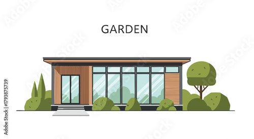 Modern minimalist garden house with expansive windows surrounded by lush greenery for tranquil living