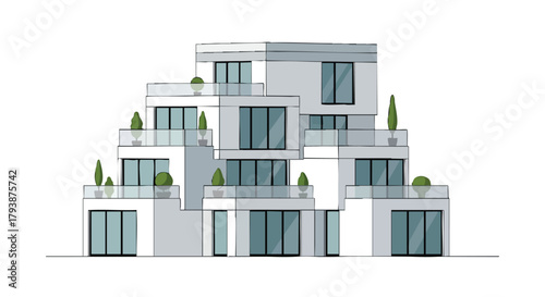 Architectural visualization featuring a modern terraced house with multiple balconies and greenery rendered in minimalist style drawing style