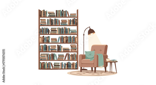 Inviting reading nook with a full bookshelf, cozy armchair, and soft lighting creates a serene ambiance for relaxation and literary exploration