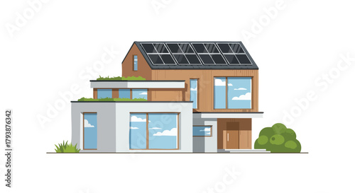 Contemporary eco house illustration highlighting sustainable features and clean design principles for modern living focus environmental consciousness