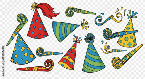 Festive party illustration featuring colorful birthday hats and noise makers, hand drawn style