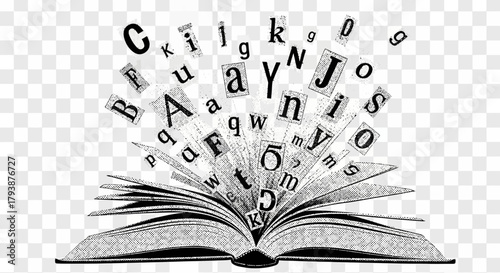 Conceptual image of an open book with letters emanating, representing knowledge and learning