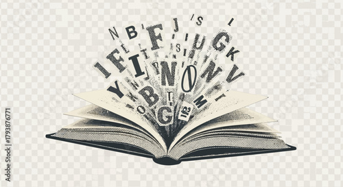 Open book with letters flying out, symbolizing knowledge and creativity concept