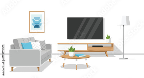Serene interior design featuring a comfortable sofa, entertainment center, and modern minimalist aesthetic
