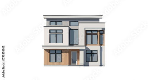 Modern dwelling illustration showcasing clean architectural lines and a minimalist design with balanced facade and geometric window arrangement