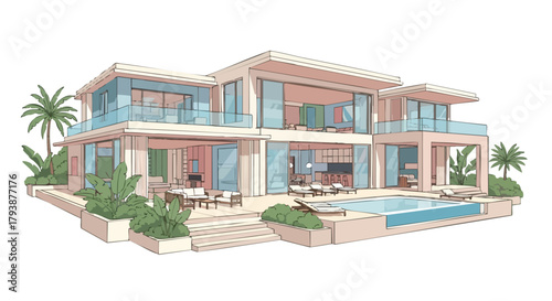 Luxurious villa illustration showcasing modern architecture and tropical landscape design in a residential setting