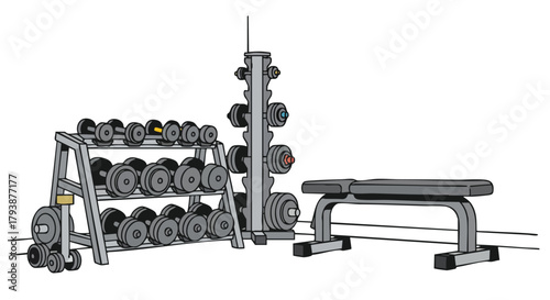 Gym Equipment Illustration Showcasing Dumbbells and Weight Bench for Fitness and Strength Training Activities
