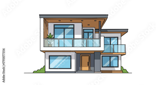 Stylized illustration of a modern two-story house with clean lines and architectural details showcasing contemporary design elements for real estate