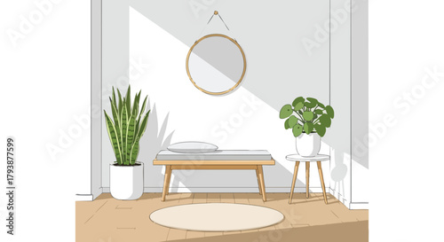 Minimalist interior sketch featuring houseplants, mirror, bench and rug displaying simplicity and organic design elements evoking tranquility