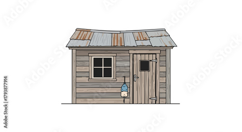 Weathered shack with corrugated metal roof and a vintage aesthetic rural construction, isolated illustration of an old wooden shed against a clean
